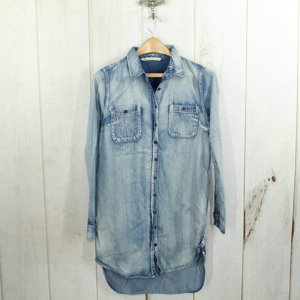 HIPPIE LAUNDRY Blue Denim Faded Long Full Button Down Shirt Size M